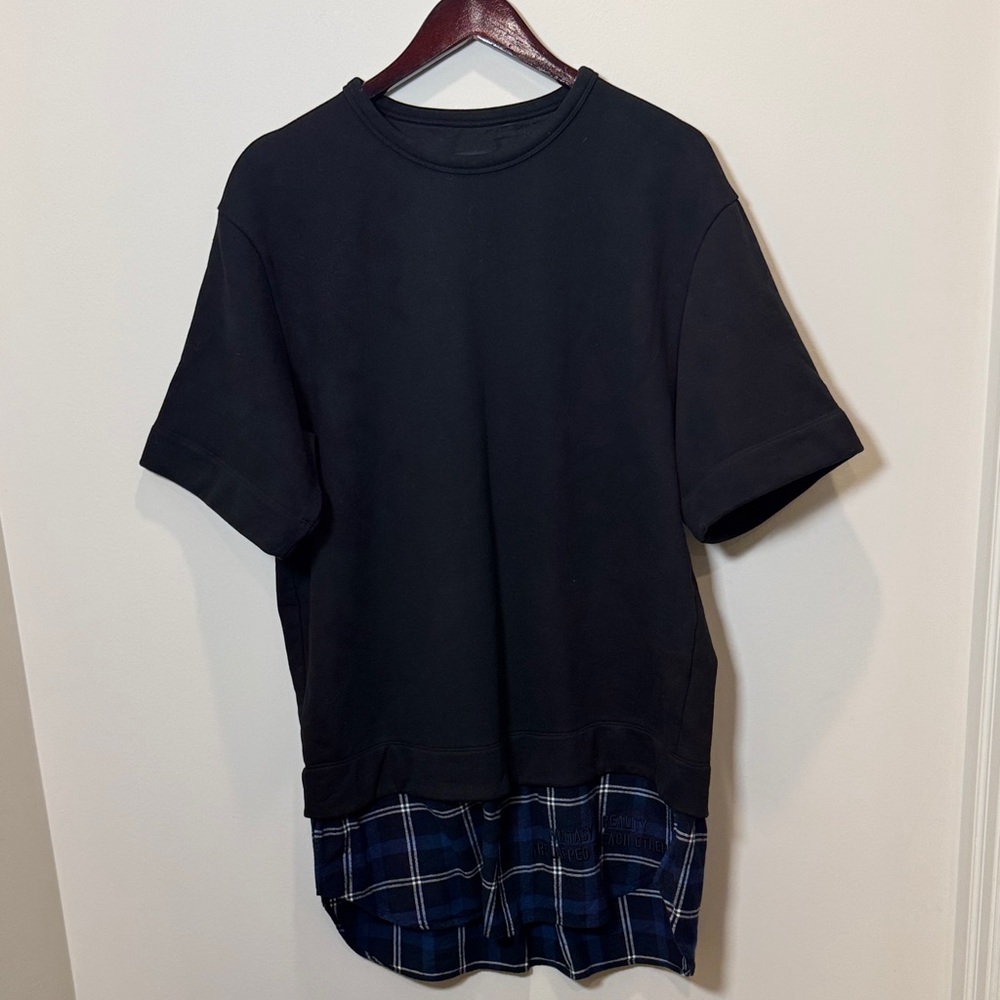 Juun.J Black Tee with Blue Plaid Hem